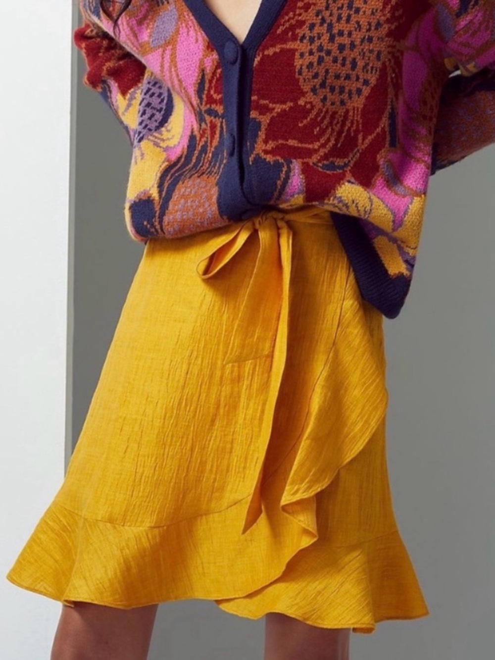 By Anthropologie Linen Yellow Mustard Ruffle Hem Tie Waist Work Flowy Skirt XS